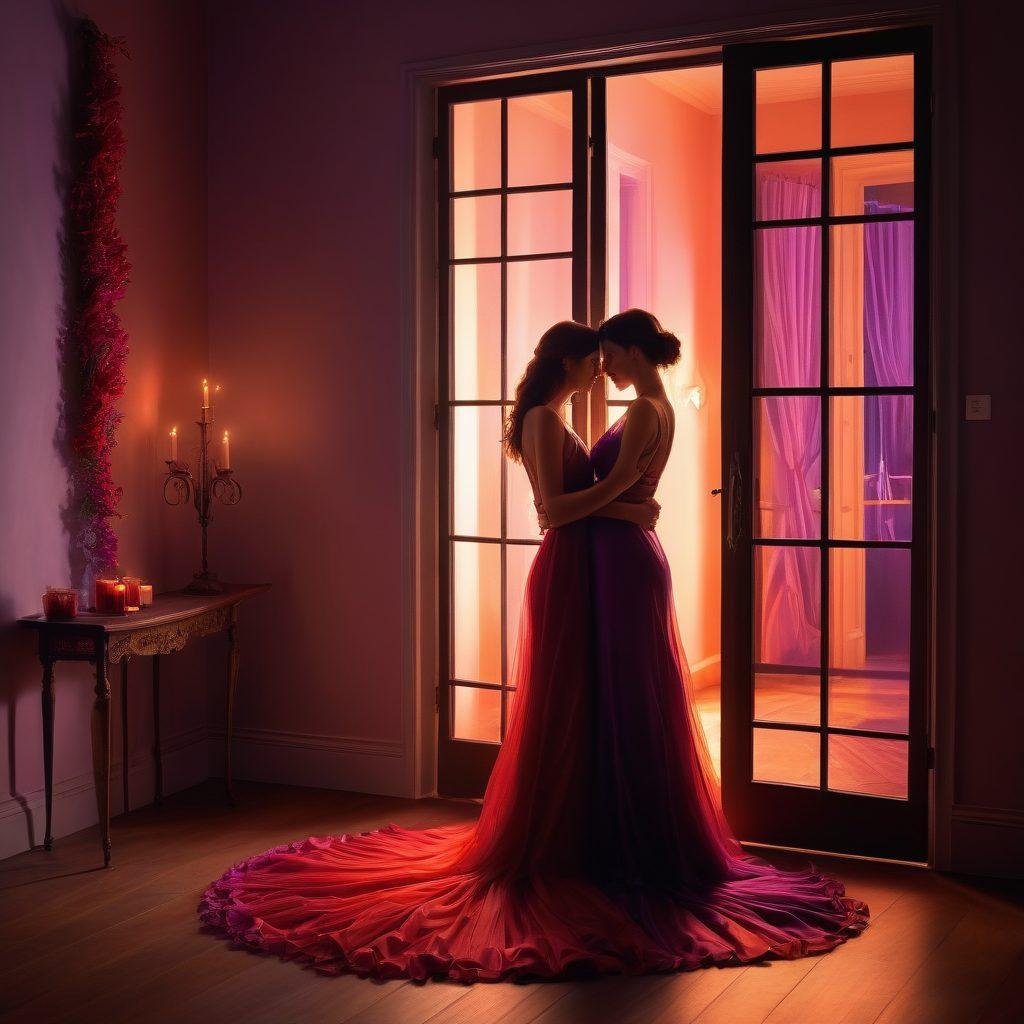 A sensuous and intimate scene showcasing a couple exploring each other in a candlelit room, with soft shadows and vibrant hues of red and purple. Enveloping them are ethereal representations of passion and desire, expressed through flowing ribbons of color. Abstract symbols of exploration, like keys and open doors, subtly interweave around the couple, suggesting boundaries being pushed. The atmosphere is alive with emotion, promoting a sense of freedom and connection. super-realistic. warm tones. intimate setting.