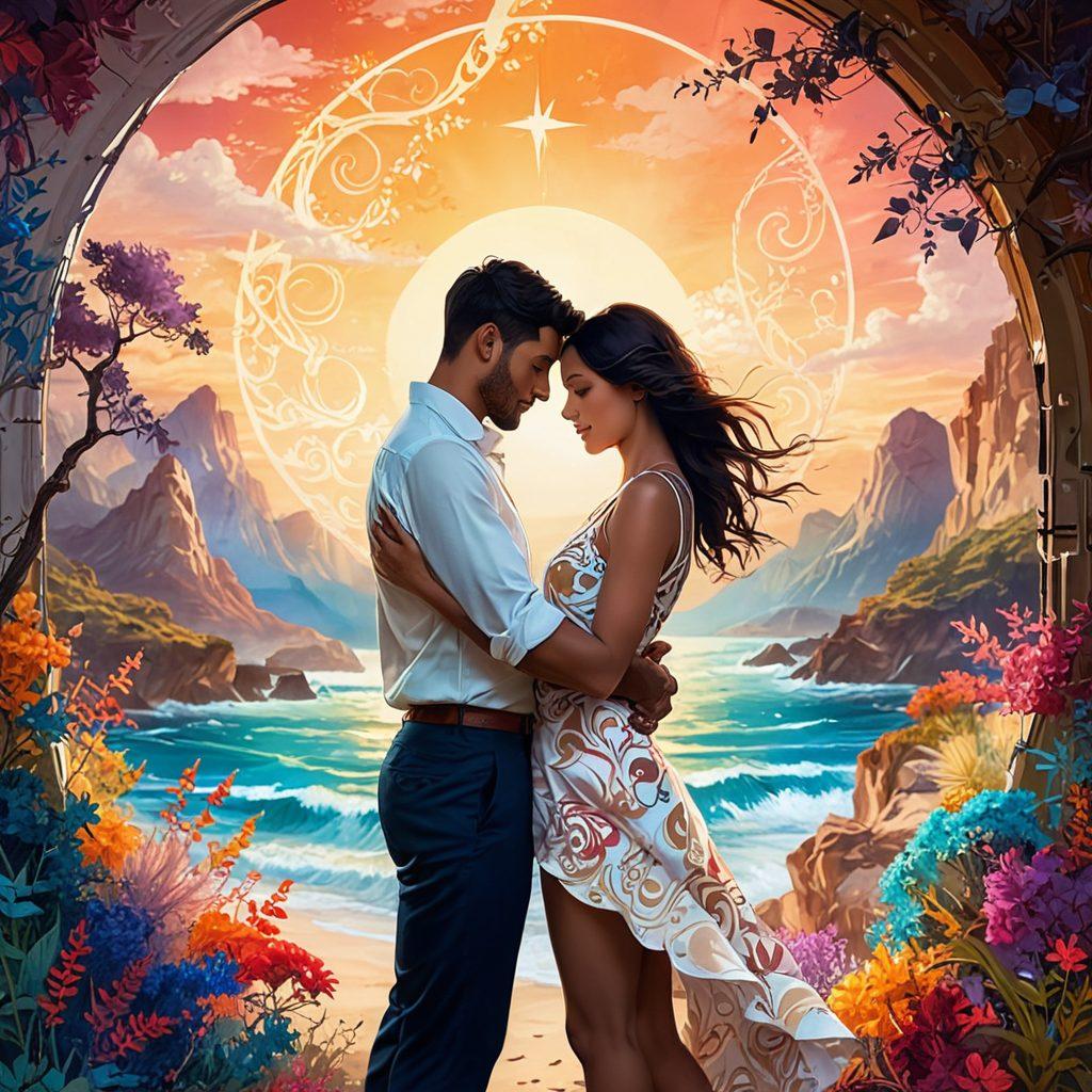 A passionate couple entwined in a romantic and playful embrace, surrounded by a dreamy, surreal atmosphere filled with soft, swirling colors and intricate patterns that evoke mystery and allure. The scene should have elements symbolizing adventure like a hidden treasure map and a vintage compass subtly included, creating a sense of exploration in intimacy. Soft lighting accentuates their expressions, showcasing a mix of desire and excitement. Digital painting. vibrant colors. ethereal style.